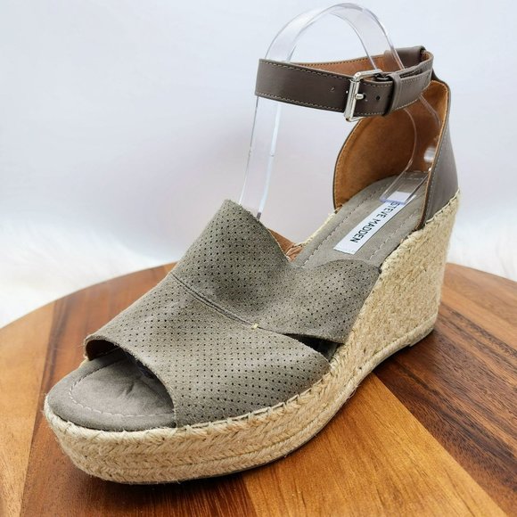 Steve Madden Wilkes Espadrille Wedge 11 Taupe Suede Leather Open Toe Ankle Strap - Picture 13 of 13